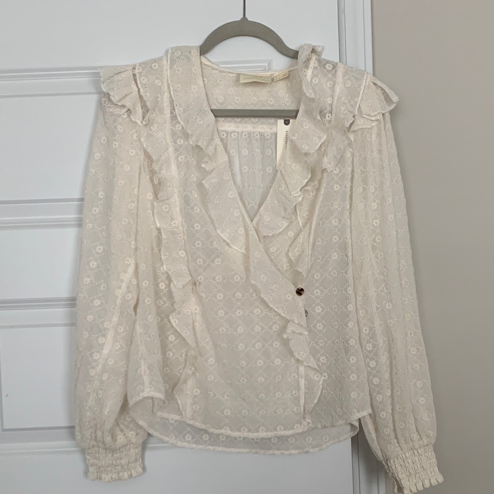 Anthropologie Cream Ruffled Eyelet Wrap Blouse